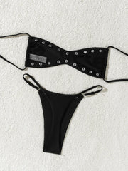Triangle Bikini Black Button Rivet Pleate Push Up Bra Thong Swimsuit Bathing Suit Holiday Micro Swimwear