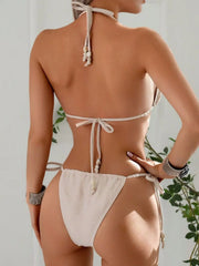Triangle Bikinis Mujer Swimwear Beige Pearls Push Up Bra Micro Bikini Set