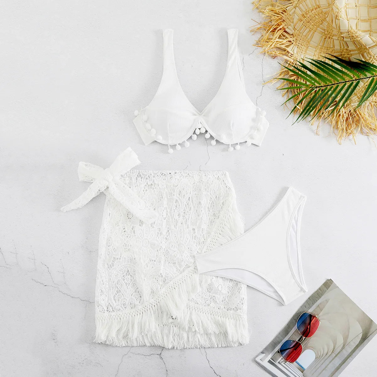 White 3 Piece Swimsuit Tassel Push Up Underwire Bra Mesh Skirt Bikini Set