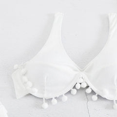 White 3 Piece Swimsuit Tassel Push Up Underwire Bra Mesh Skirt Bikini Set