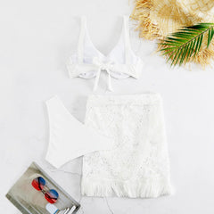 White 3 Piece Swimsuit Tassel Push Up Underwire Bra Mesh Skirt Bikini Set