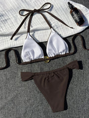 White Bikinis Swimsuit Metal Circle Ornament Push Up Bra Swimwear Brazilian Bathing Suit Pleate Thong Bikini Set