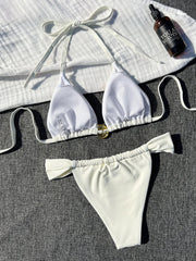 White Bikinis Swimsuit Metal Circle Ornament Push Up Bra Swimwear Brazilian Bathing Suit Pleate Thong Bikini Set