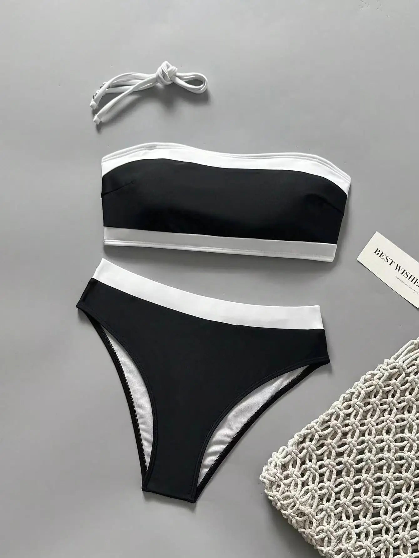 White Black Patchwork Bikini Set