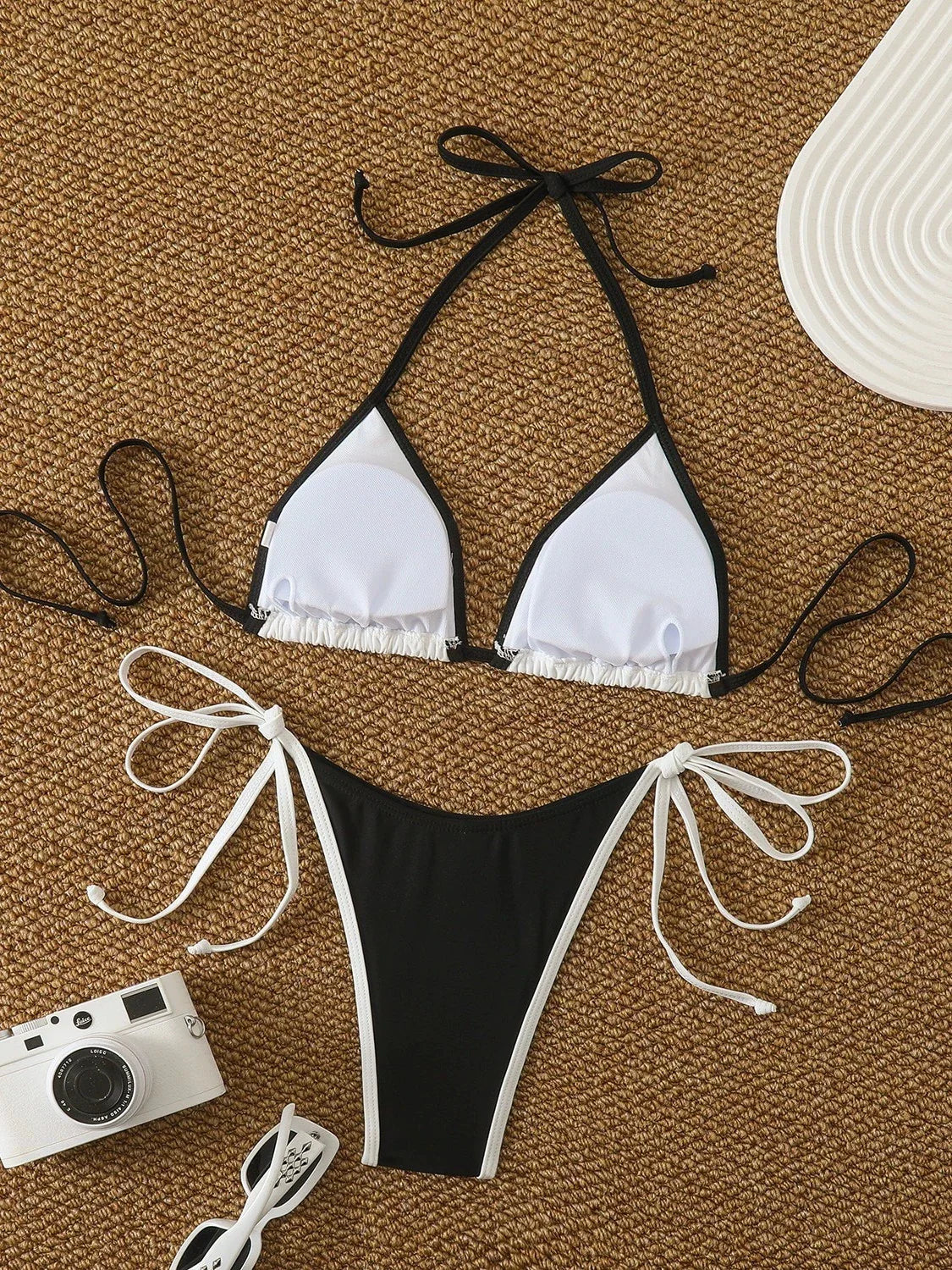White Black Patchwork Micro Bikini Halter Push Up Bra Bandage Thong Swimsuit Bathing Suit Holiday Pool Swimwear