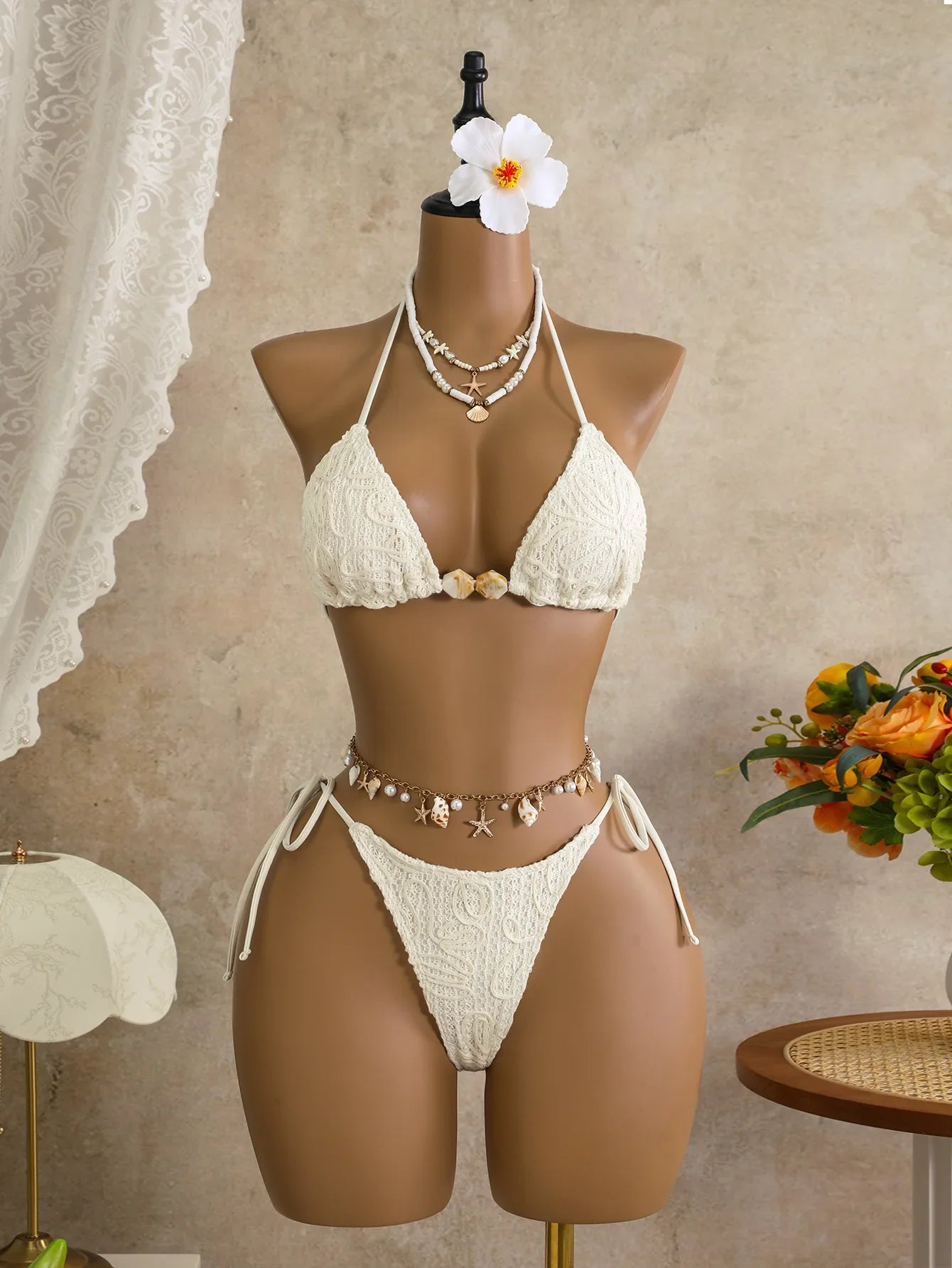 White Coffee Mesh Skirt 3 Piece Bikini Set