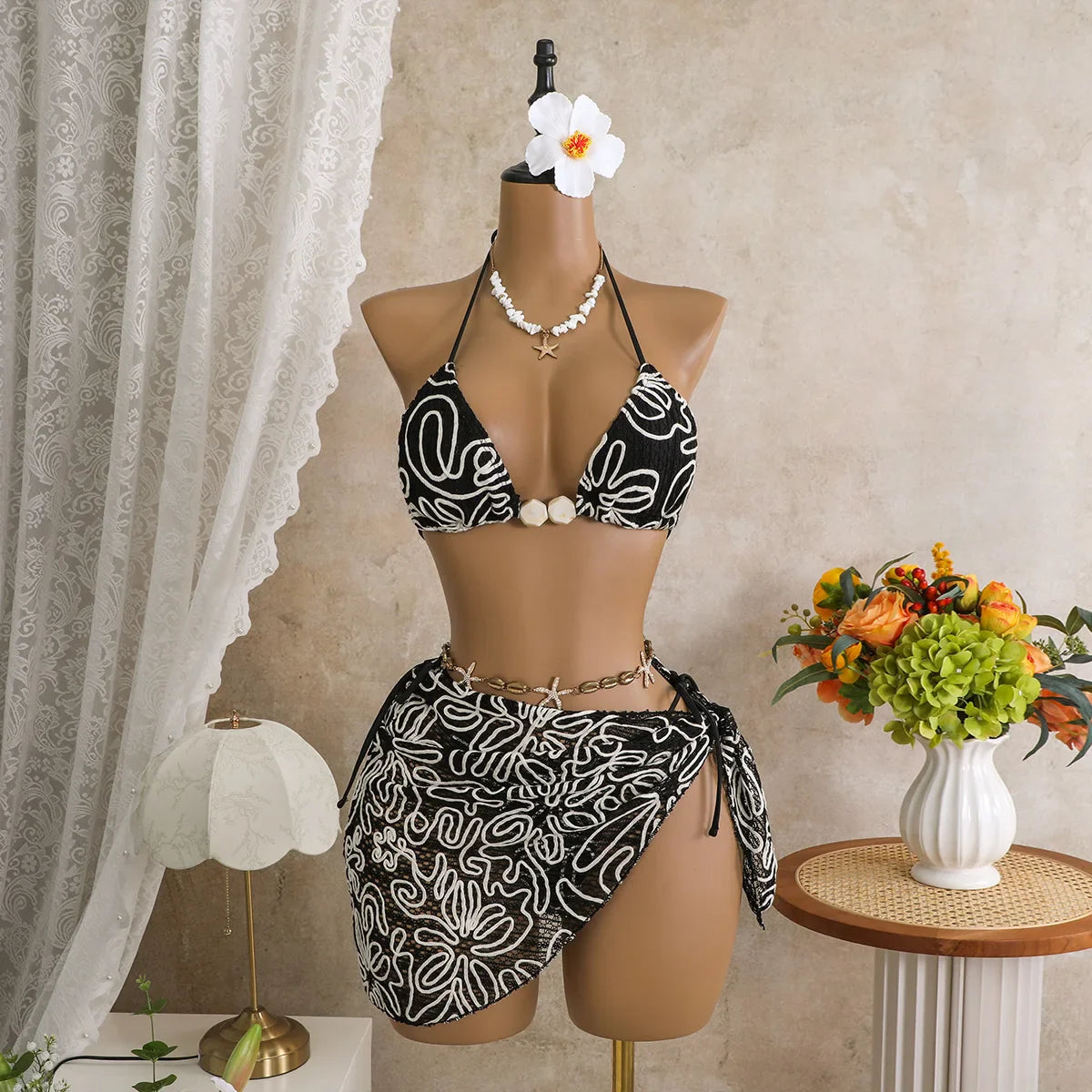 White Coffee Mesh Skirt 3 Piece Bikini Set