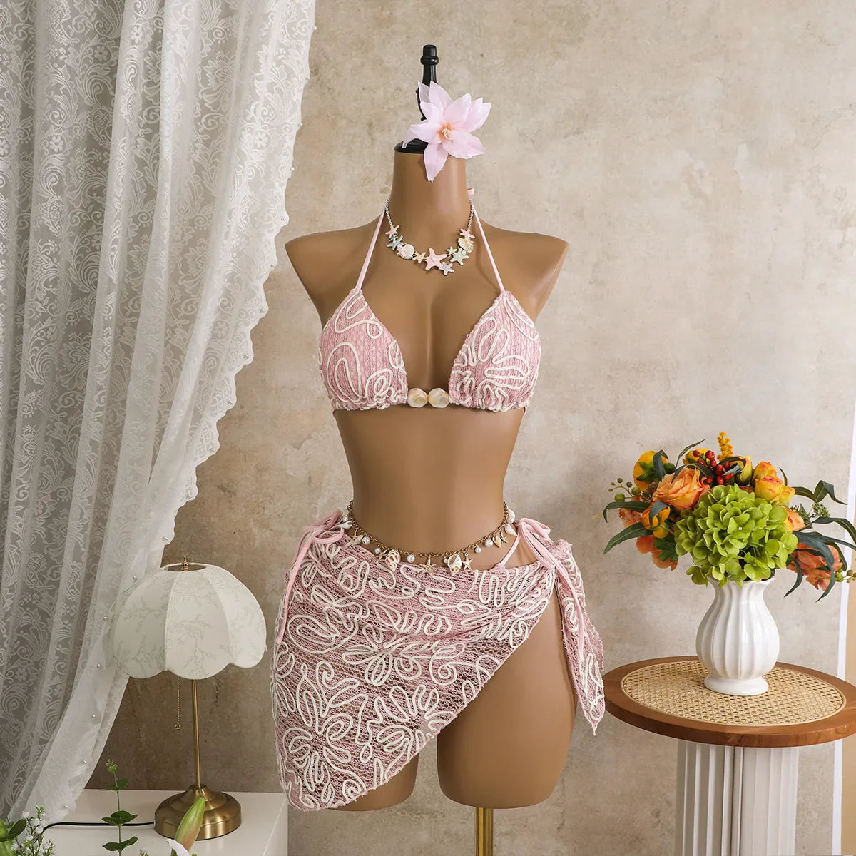 White Coffee Mesh Skirt 3 Piece Bikini Set