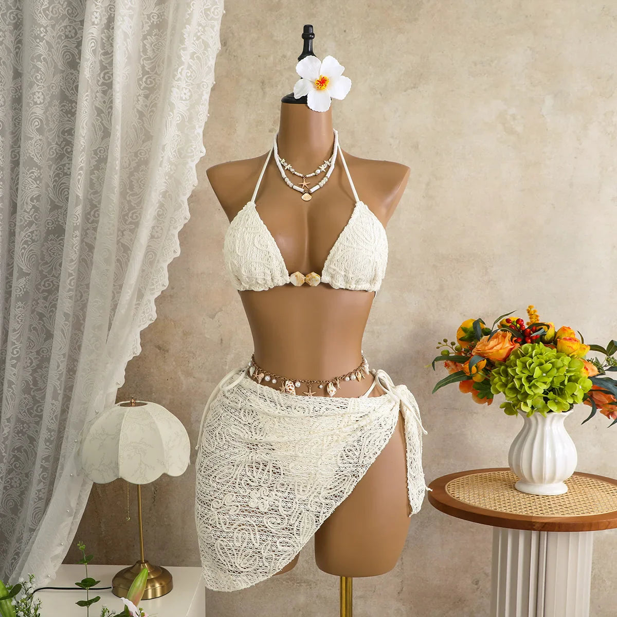 White Coffee Mesh Skirt 3 Piece Bikini Set