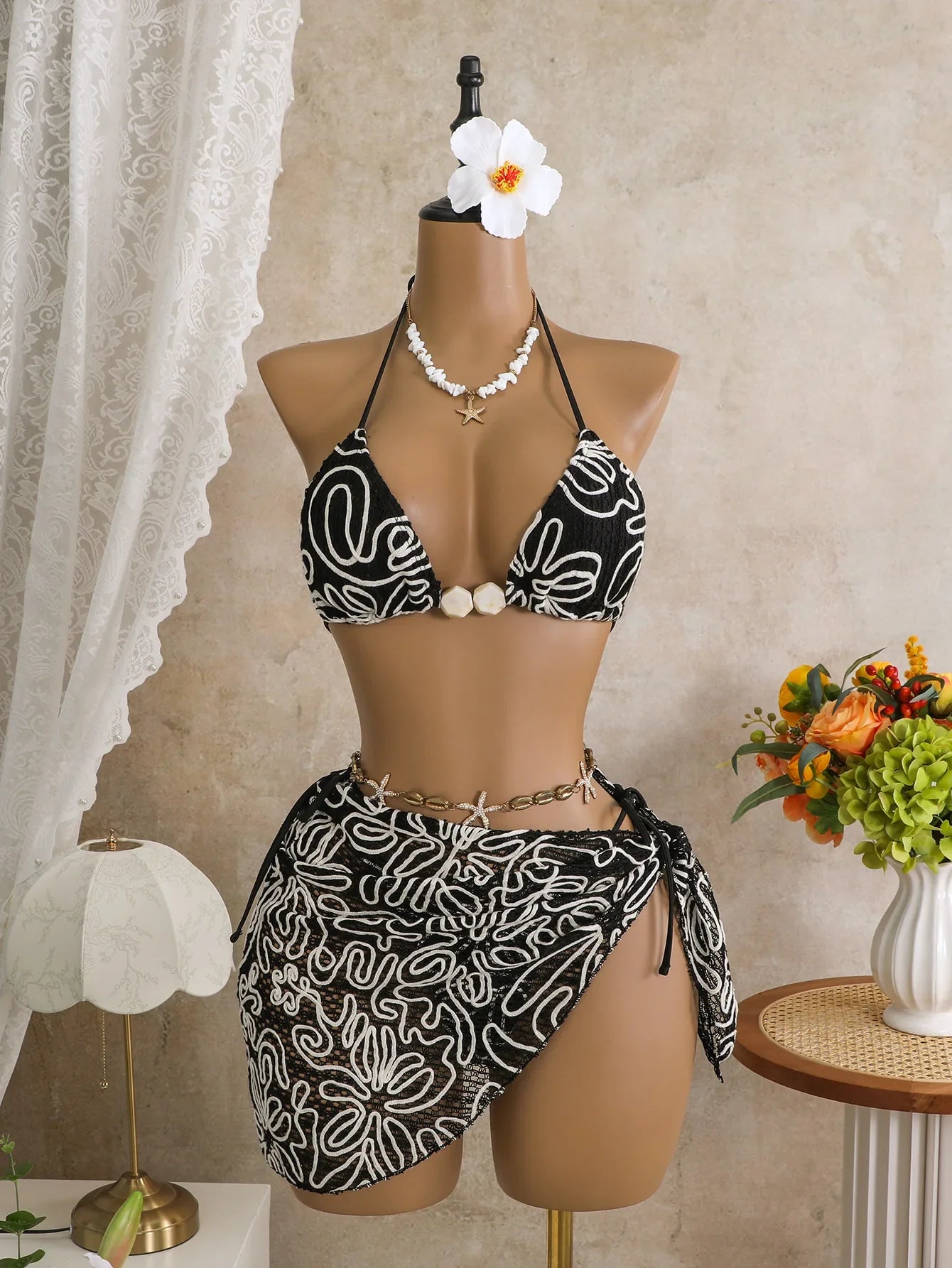 White Coffee Mesh Skirt 3 Piece Bikini Set