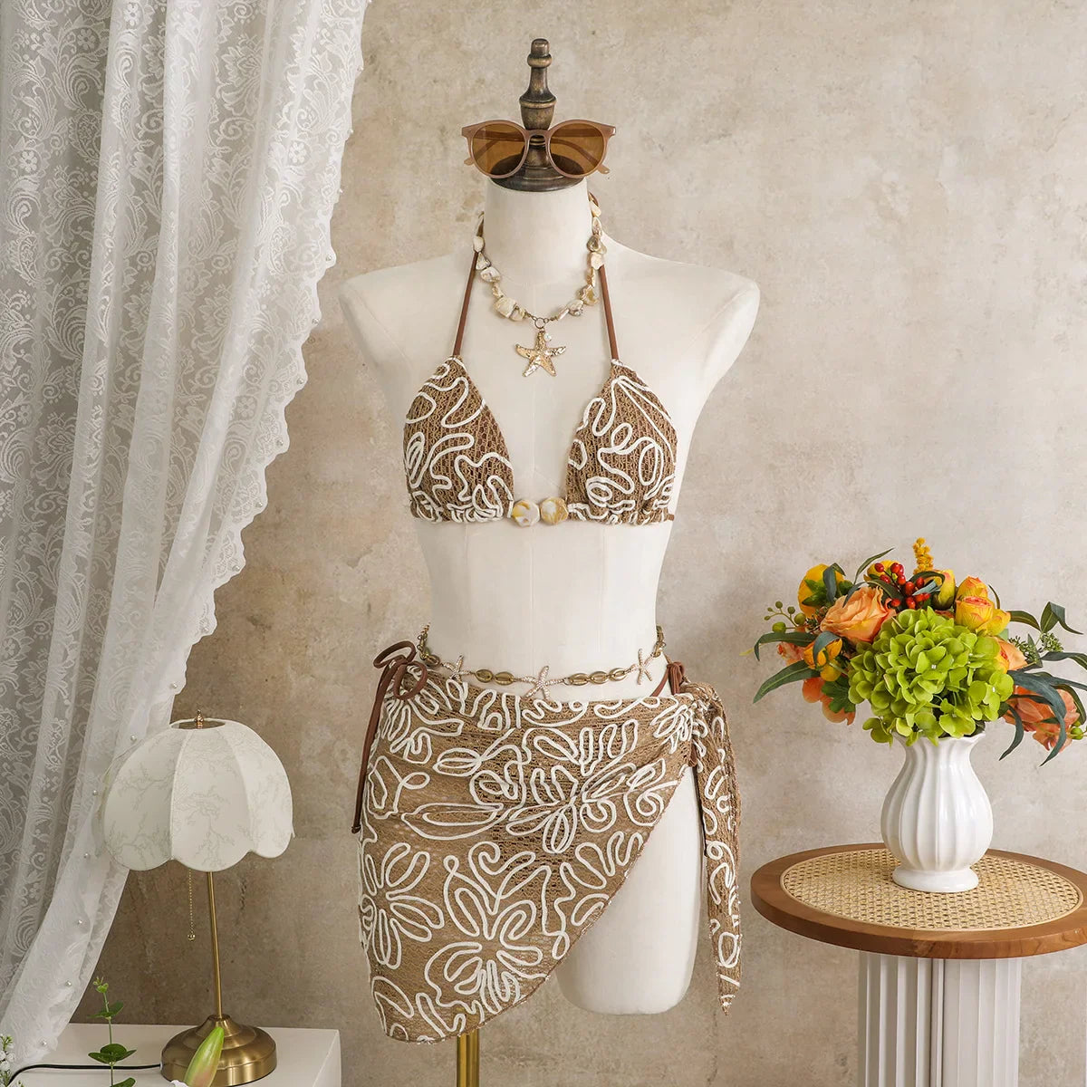 White Coffee Mesh Skirt 3 Piece Bikini Set