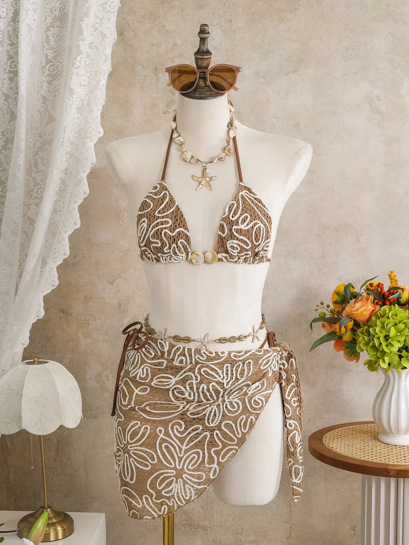 White Coffee Mesh Skirt 3 Piece Bikini Set