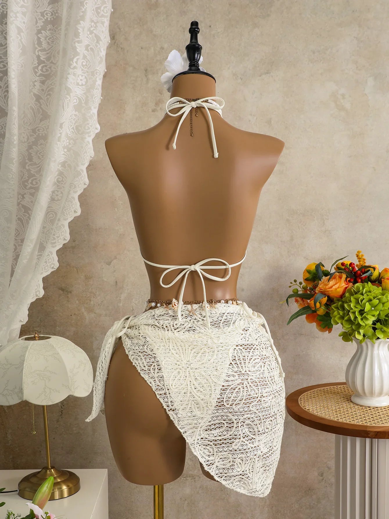 White Coffee Mesh Skirt 3 Piece Bikini Set