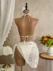 White Coffee Mesh Skirt 3 Piece Bikini Set