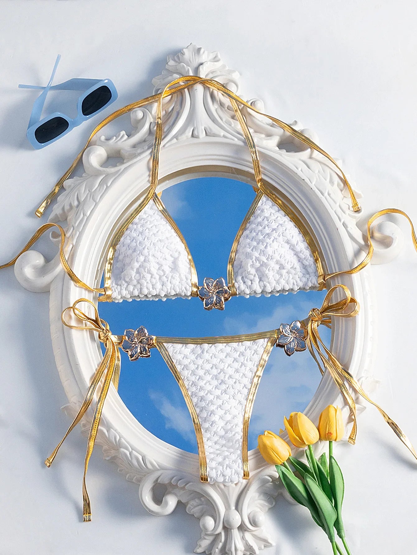 White Gold Patchwork Bikini Set