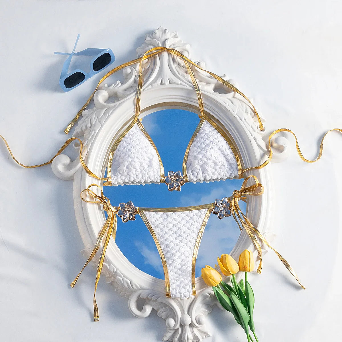 White Gold Patchwork Bikini Set