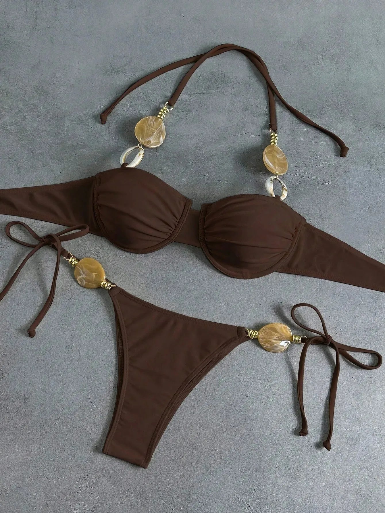White Micro Bikini Stone Strap Push Up Underwire Bra Tie Side Triangle Swimsuit Holiday Bathing Suit Swimwear
