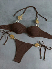White Micro Bikini Stone Strap Push Up Underwire Bra Tie Side Triangle Swimsuit Holiday Bathing Suit Swimwear