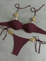 White Micro Bikini Stone Strap Push Up Underwire Bra Tie Side Triangle Swimsuit Holiday Bathing Suit Swimwear