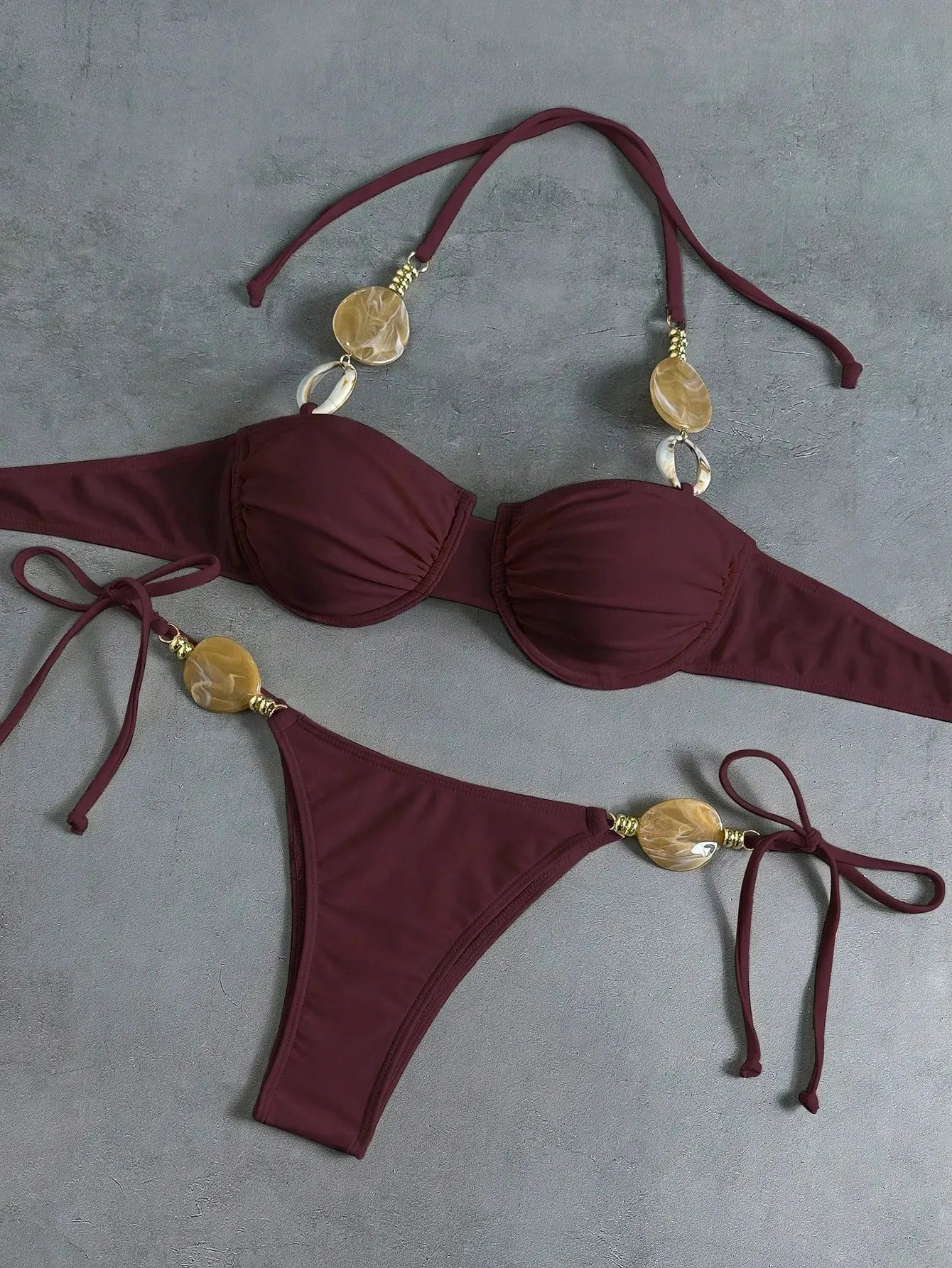 White Micro Bikini Stone Strap Push Up Underwire Bra Tie Side Triangle Swimsuit Holiday Bathing Suit Swimwear