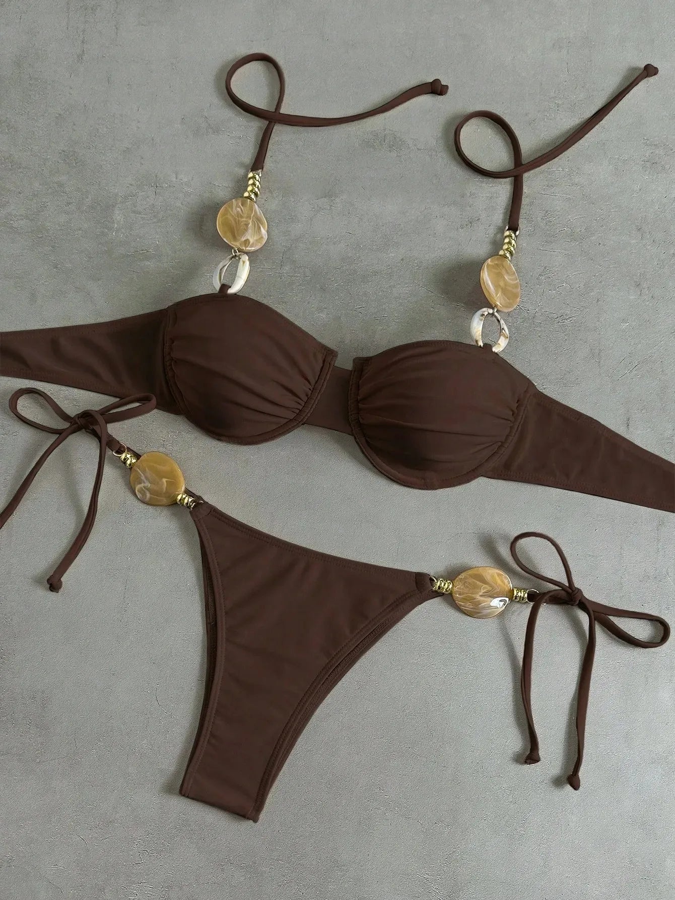 White Micro Bikini Stone Strap Push Up Underwire Bra Tie Side Triangle Swimsuit Holiday Bathing Suit Swimwear