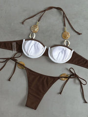 White Micro Bikini Stone Strap Push Up Underwire Bra Tie Side Triangle Swimsuit Holiday Bathing Suit Swimwear