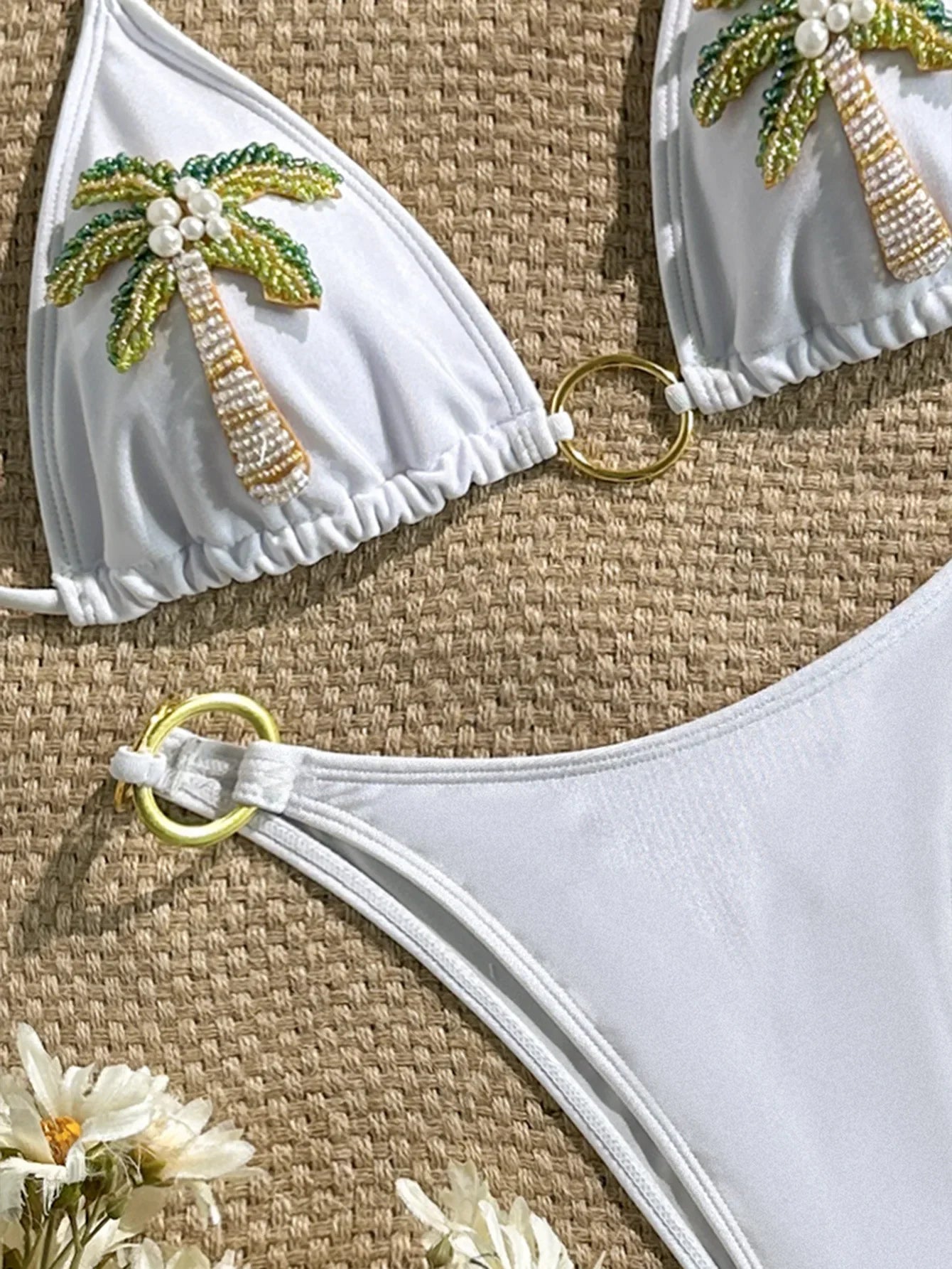White Palm Tree Embroidery Bikini Set