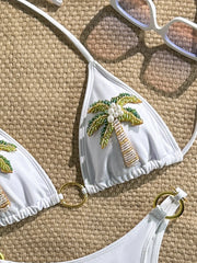 White Palm Tree Embroidery Bikini Set