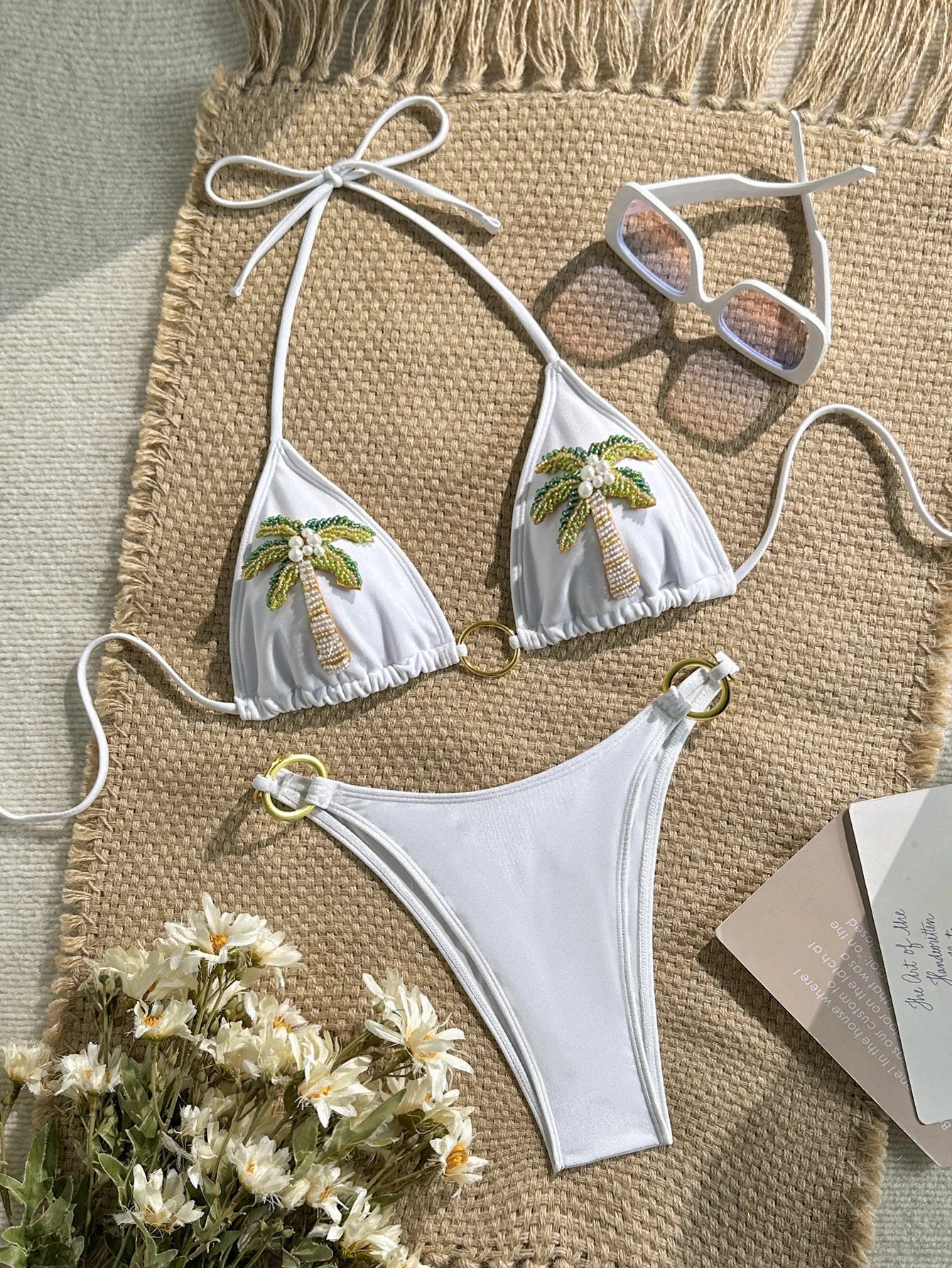 White Palm Tree Embroidery Bikini Set
