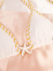 White Patchwork Bikini Metal Starfish Ornament Double Strap Push Up Thong Swimsuit Beach Bathing Suit Swimwear