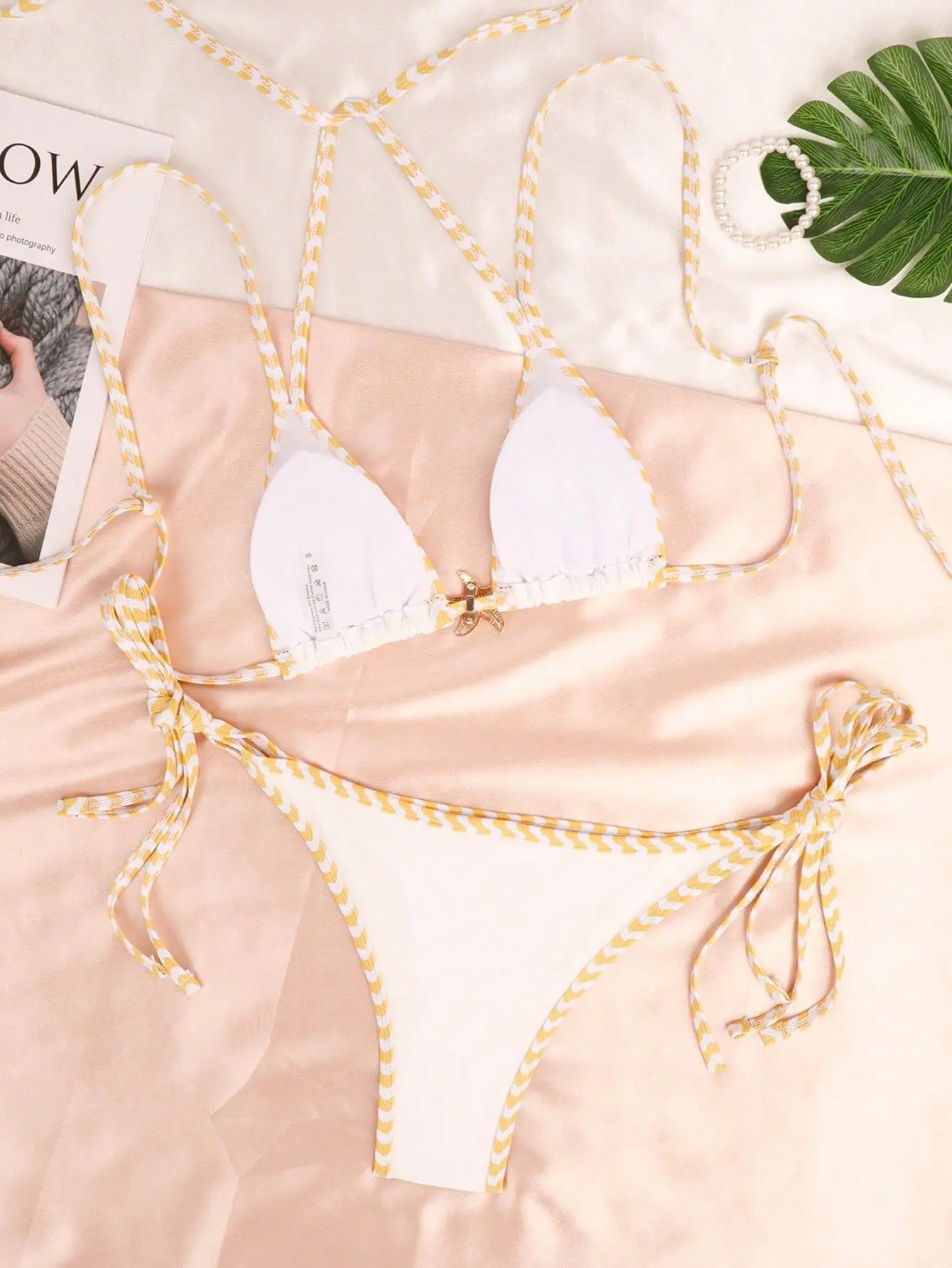 White Patchwork Bikini Metal Starfish Ornament Double Strap Push Up Thong Swimsuit Beach Bathing Suit Swimwear