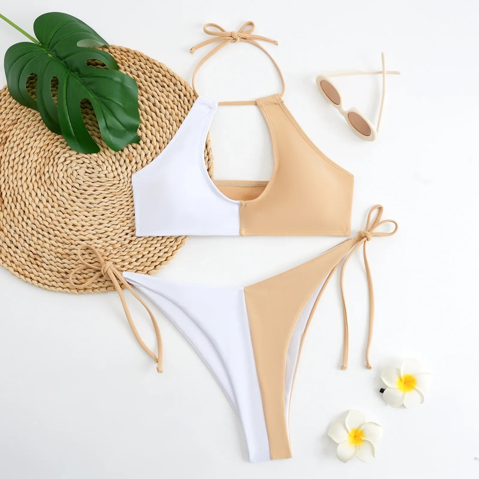 White Patchwork Patchwork Bikini Set