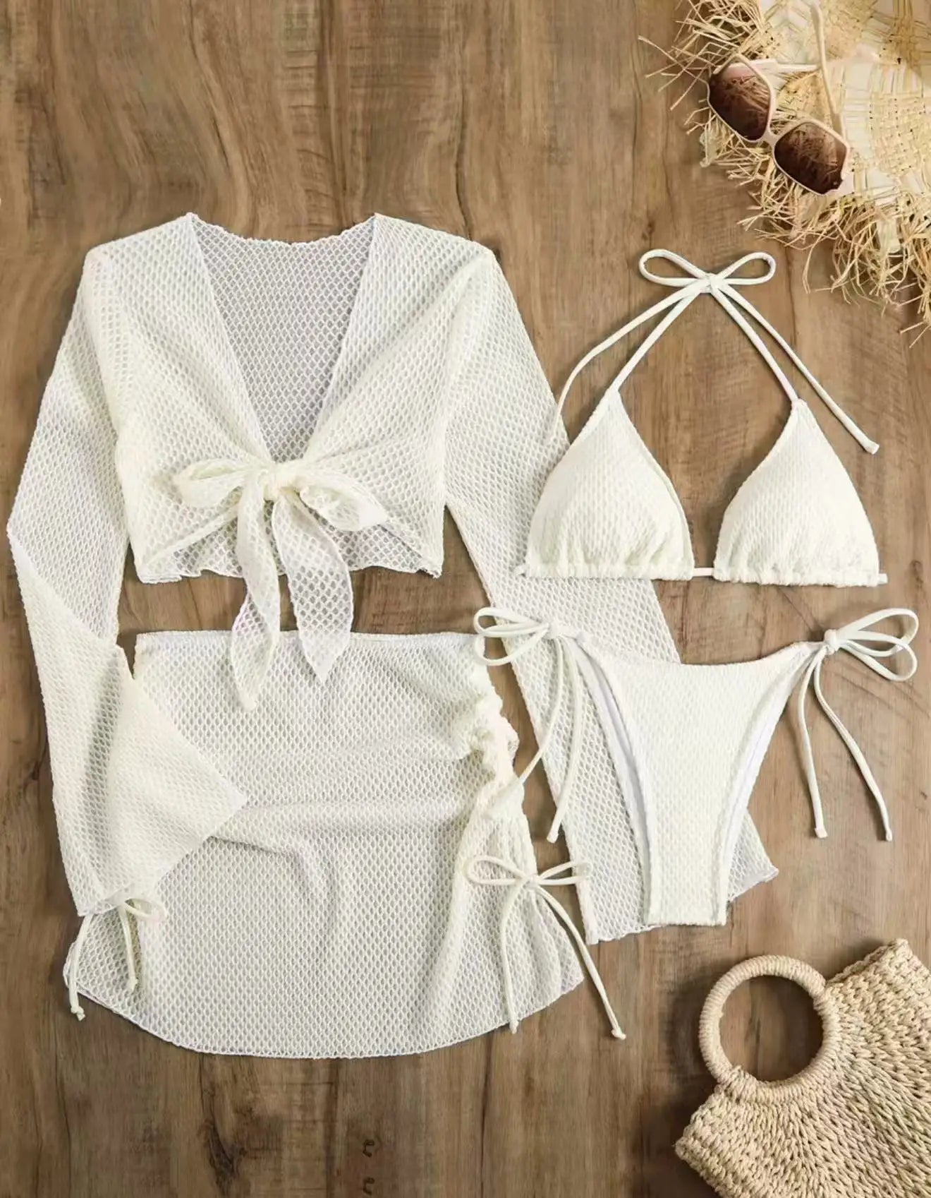 White Red Swimwear Long Sleeve Cover Up Drawstring Skirt 4 Piece Swimsuit Beach Bathing Suit Holiday Swimsuit