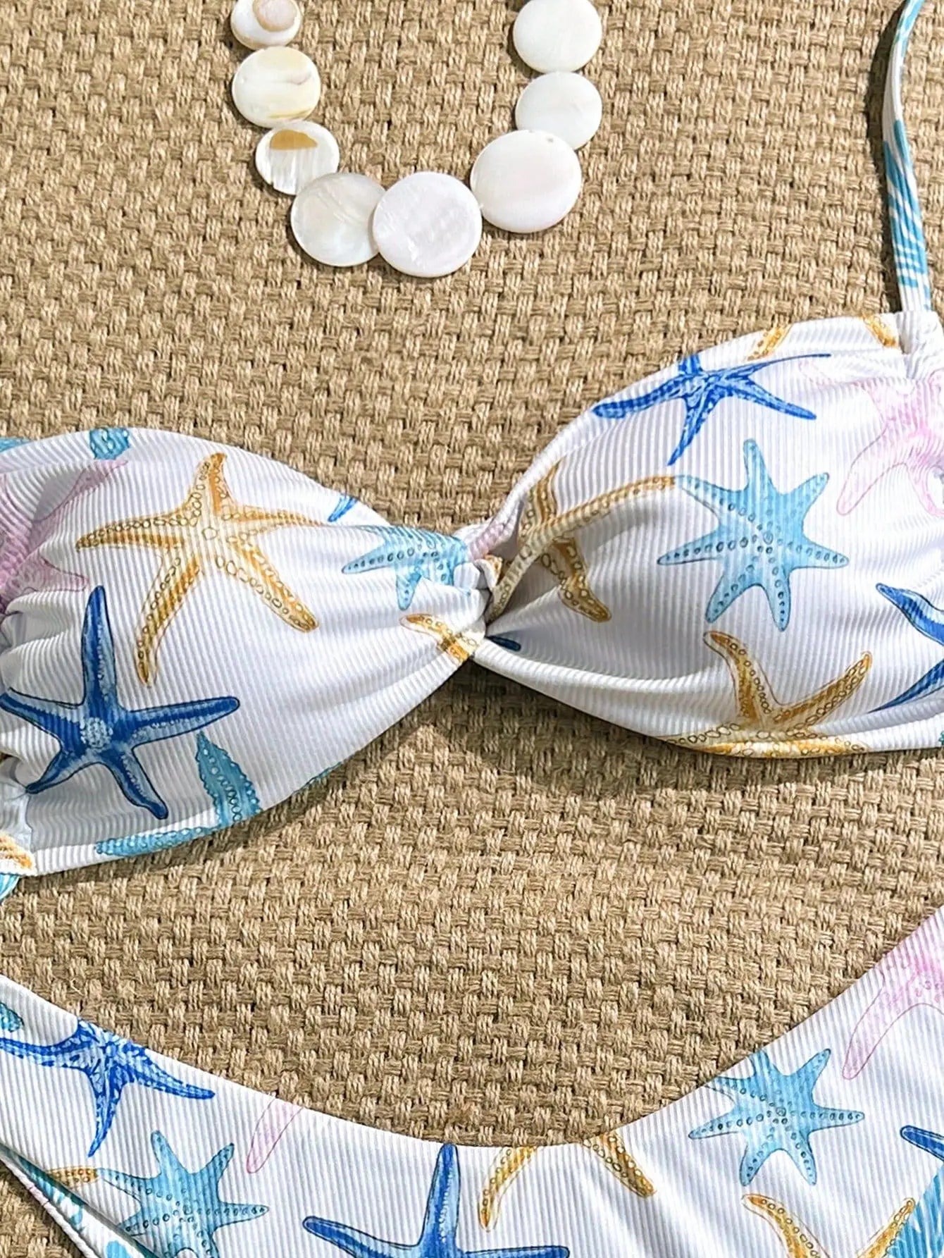 White Starfish Print Micro Bikini Pleate Cross Push Up Bra Thong Swimwear Beach Holiday Bathing Suit Swimsuit