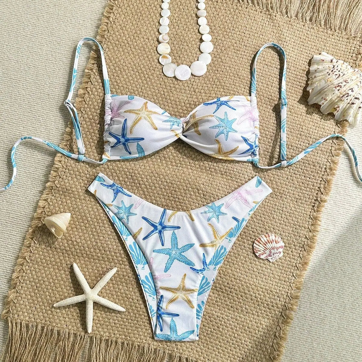White Starfish Print Micro Bikini Pleate Cross Push Up Bra Thong Swimwear Beach Holiday Bathing Suit Swimsuit