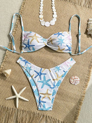 White Starfish Print Micro Bikini Pleate Cross Push Up Bra Thong Swimwear Beach Holiday Bathing Suit Swimsuit