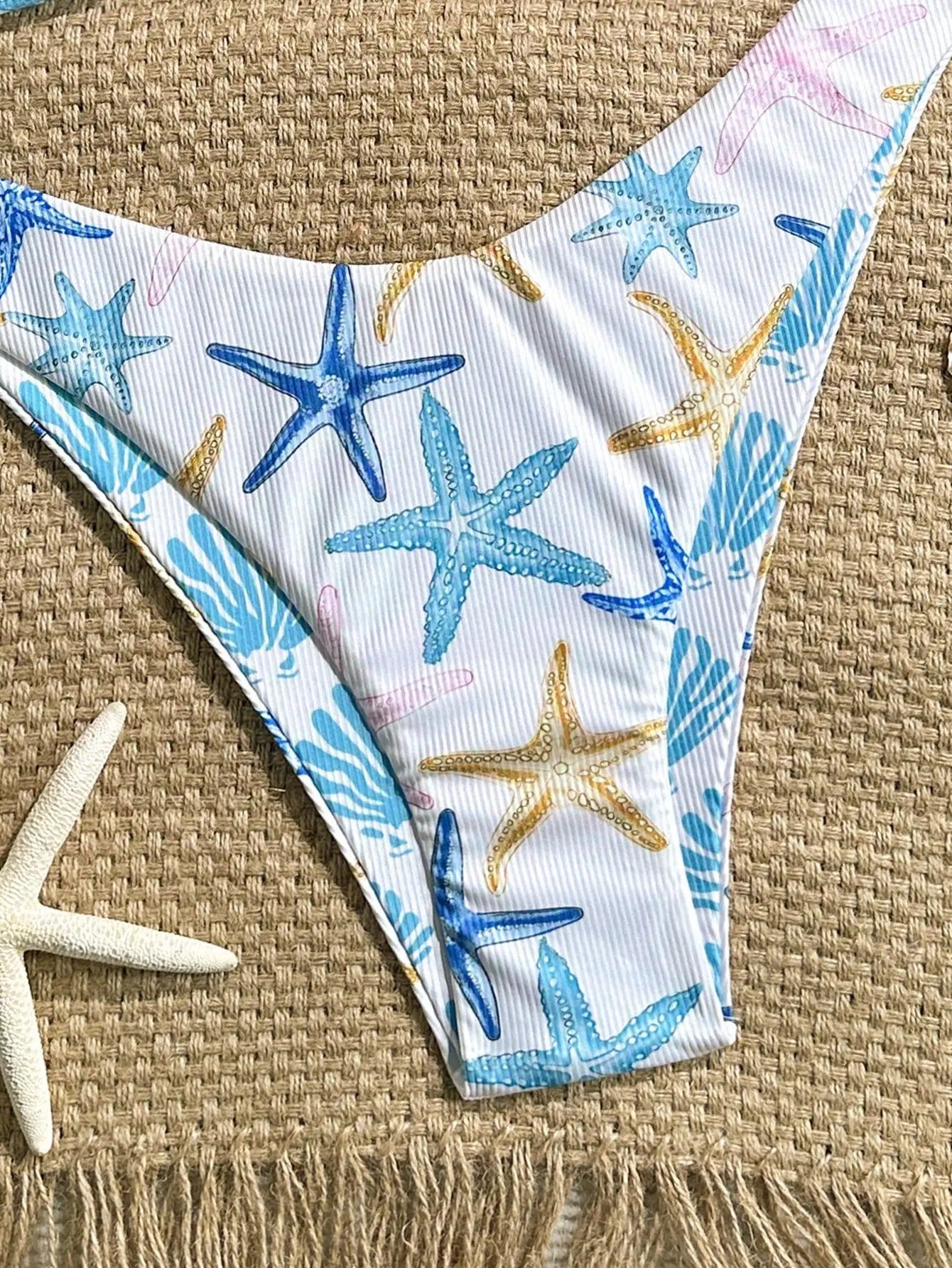 White Starfish Print Micro Bikini Pleate Cross Push Up Bra Thong Swimwear Beach Holiday Bathing Suit Swimsuit