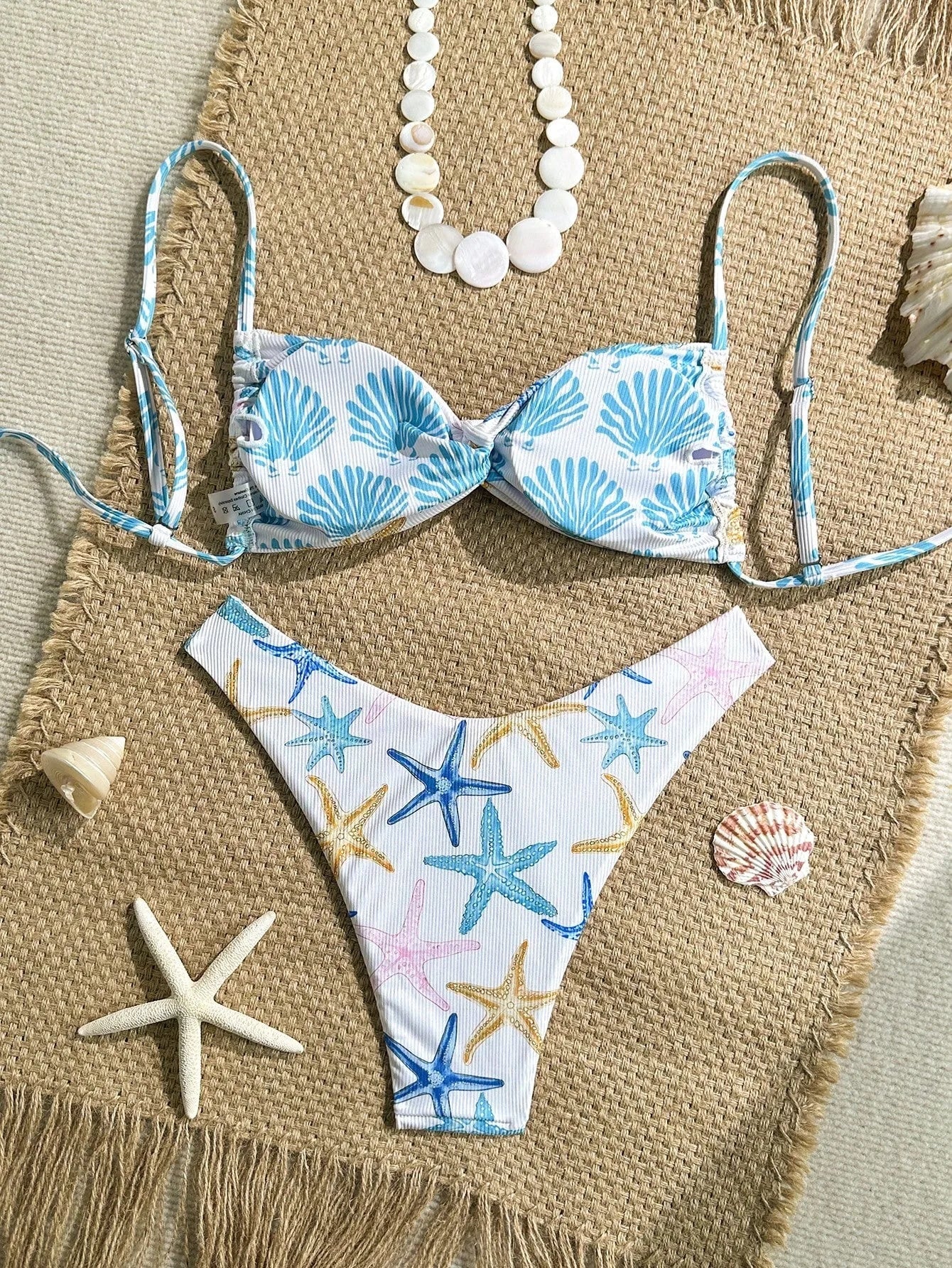 White Starfish Print Micro Bikini Pleate Cross Push Up Bra Thong Swimwear Beach Holiday Bathing Suit Swimsuit