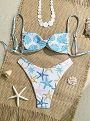 White Starfish Print Micro Bikini Pleate Cross Push Up Bra Thong Swimwear Beach Holiday Bathing Suit Swimsuit