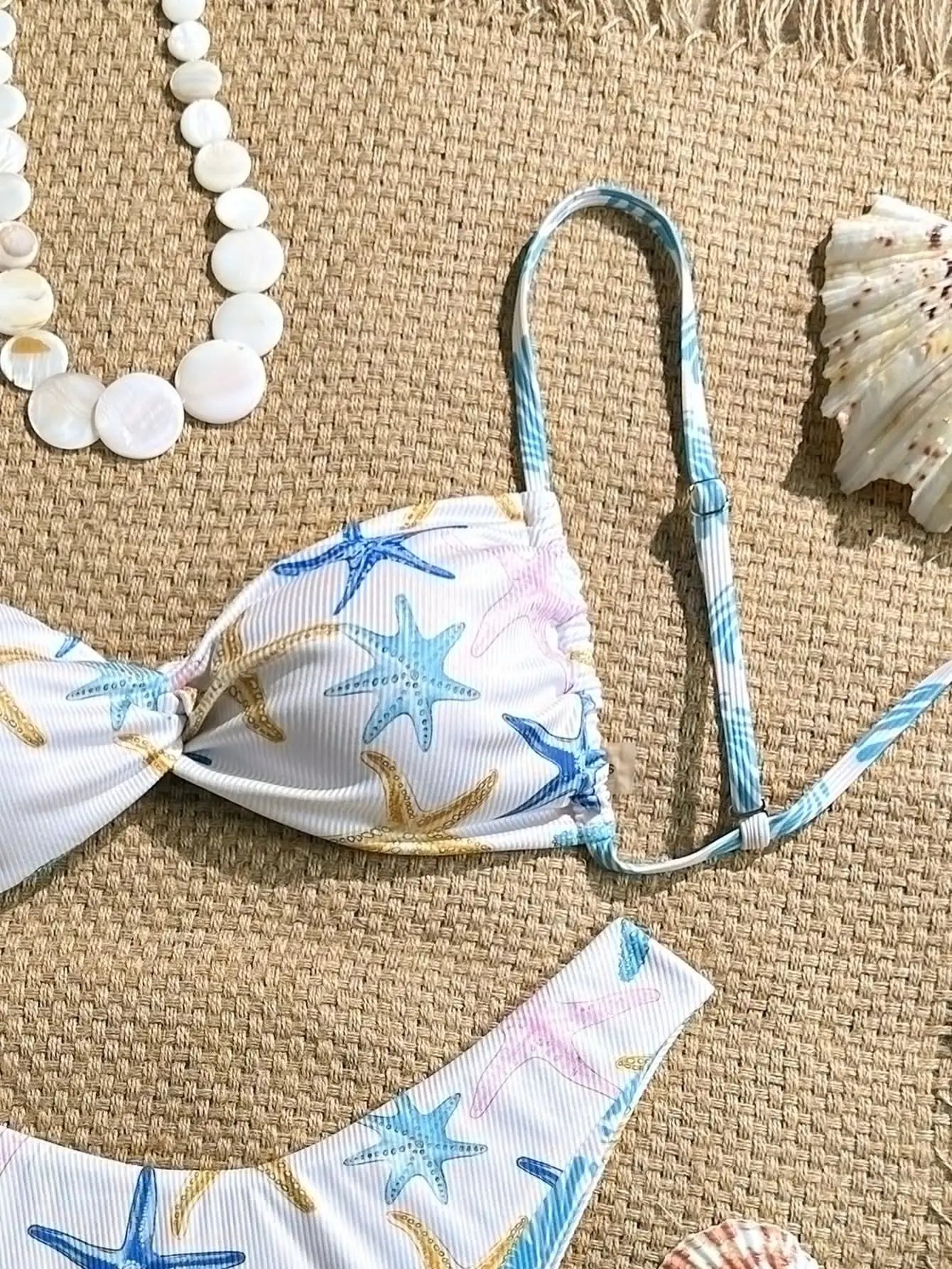 White Starfish Print Micro Bikini Pleate Cross Push Up Bra Thong Swimwear Beach Holiday Bathing Suit Swimsuit