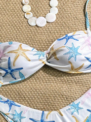 White Starfish Print Micro Bikini Pleate Cross Push Up Bra Thong Swimwear Beach Holiday Bathing Suit Swimsuit