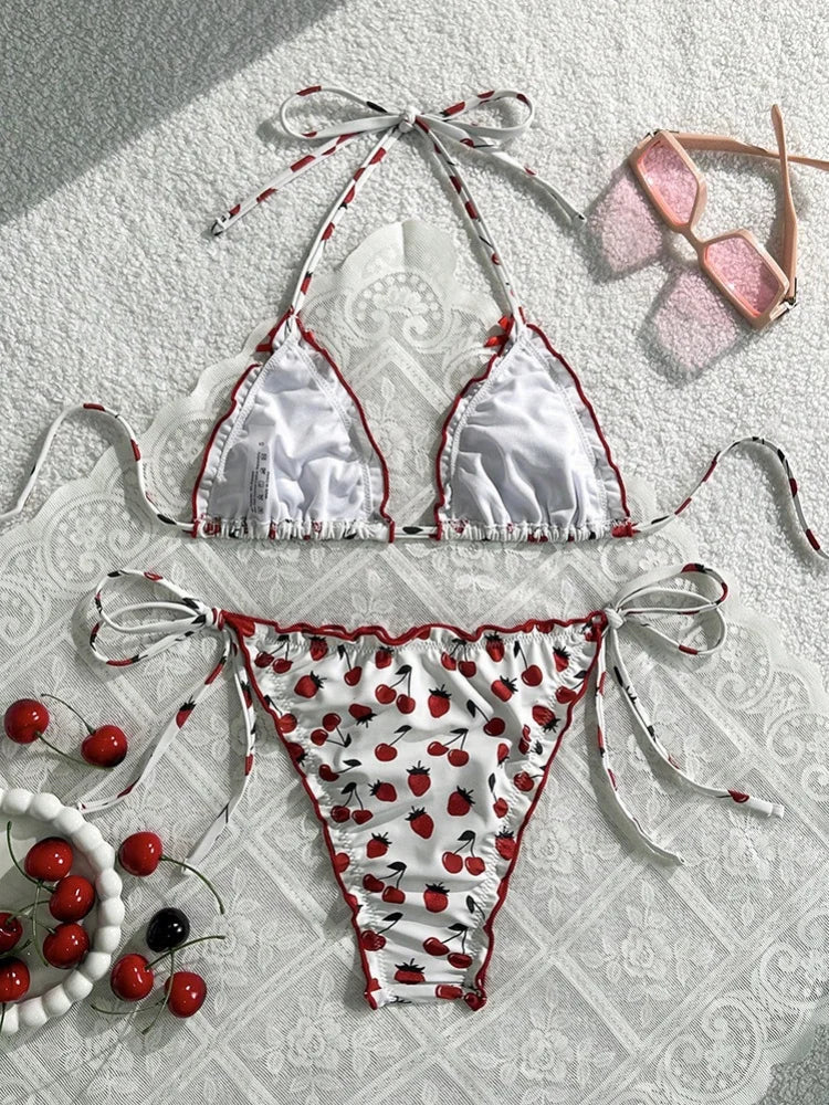 White Strawberry Print Mini Bikini Bow Strap Push Up Tie Side Thong Swimsuit Beach Holiday Bathing Suit Swimwear