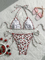 White Strawberry Print Mini Bikini Bow Strap Push Up Tie Side Thong Swimsuit Beach Holiday Bathing Suit Swimwear