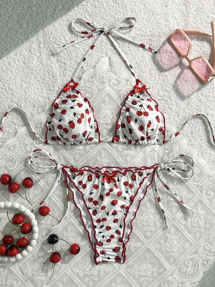 White Strawberry Print Mini Bikini Bow Strap Push Up Tie Side Thong Swimsuit Beach Holiday Bathing Suit Swimwear