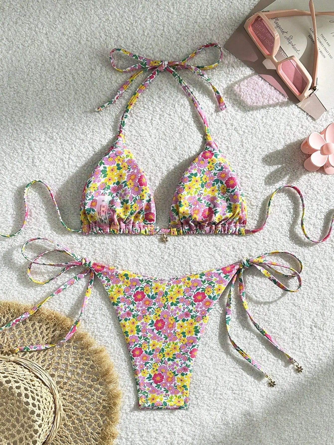Floral Print Two Piece Swimsuit Triangle Bra Push Up Bikini Set