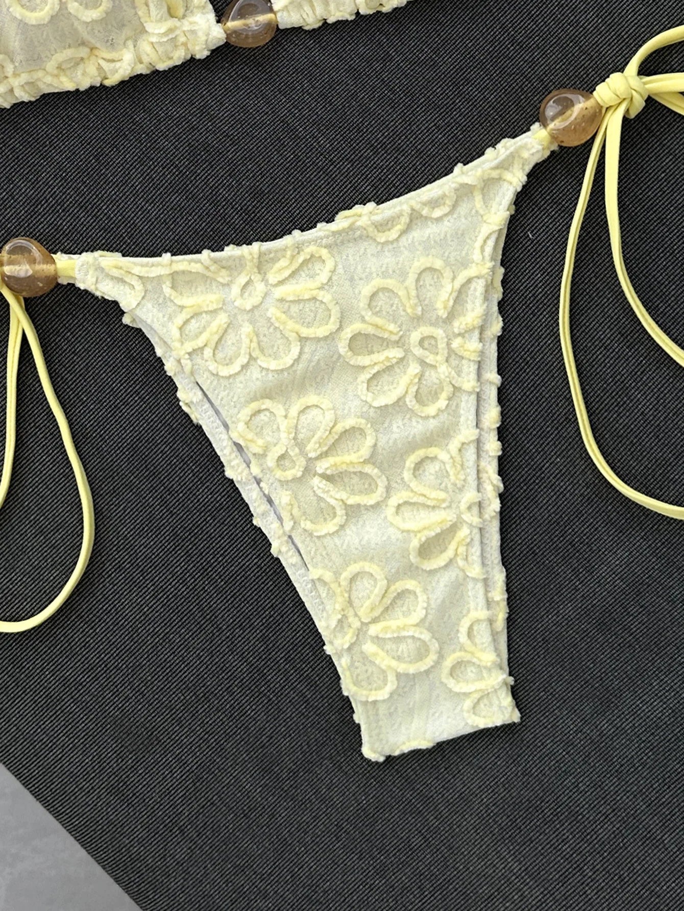 Yellow 3D Flower Micro Bikini Hole Out Stone Strap Push Up Bra Thong Swimsuit Holiday Bathing Suit Swimwear