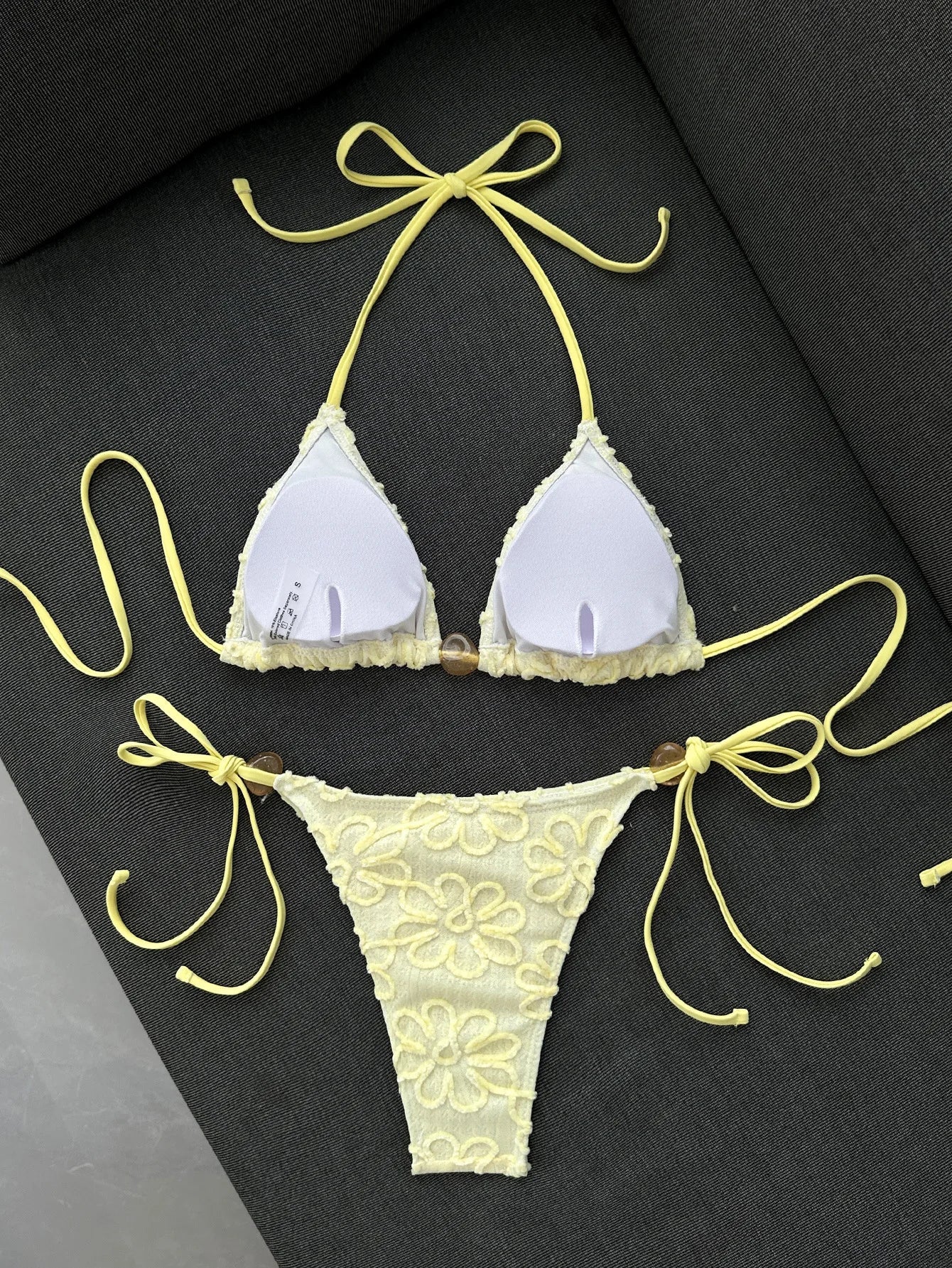 Yellow 3D Flower Micro Bikini Hole Out Stone Strap Push Up Bra Thong Swimsuit Holiday Bathing Suit Swimwear