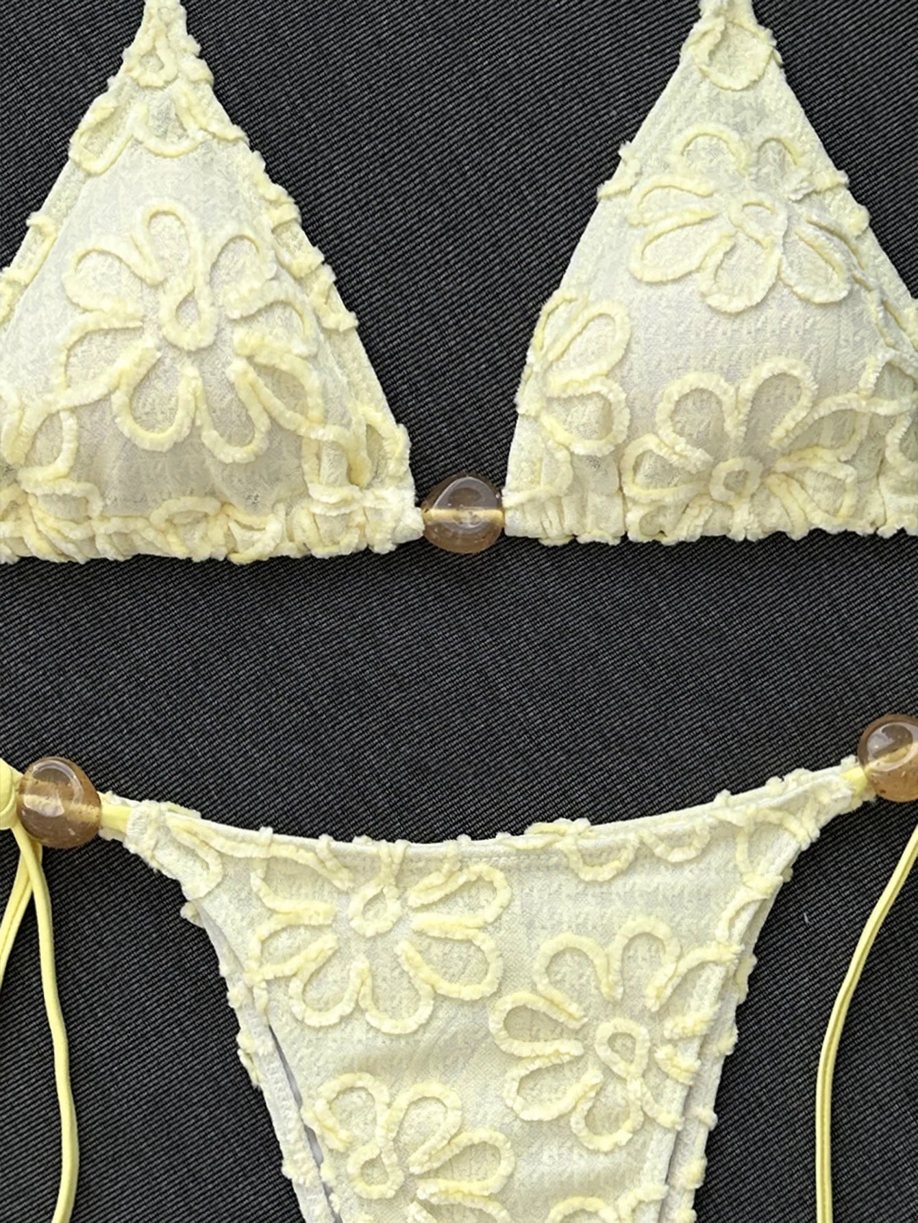 Yellow 3D Flower Micro Bikini Hole Out Stone Strap Push Up Bra Thong Swimsuit Holiday Bathing Suit Swimwear