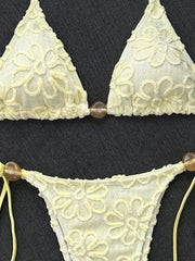Yellow 3D Flower Micro Bikini Hole Out Stone Strap Push Up Bra Thong Swimsuit Holiday Bathing Suit Swimwear
