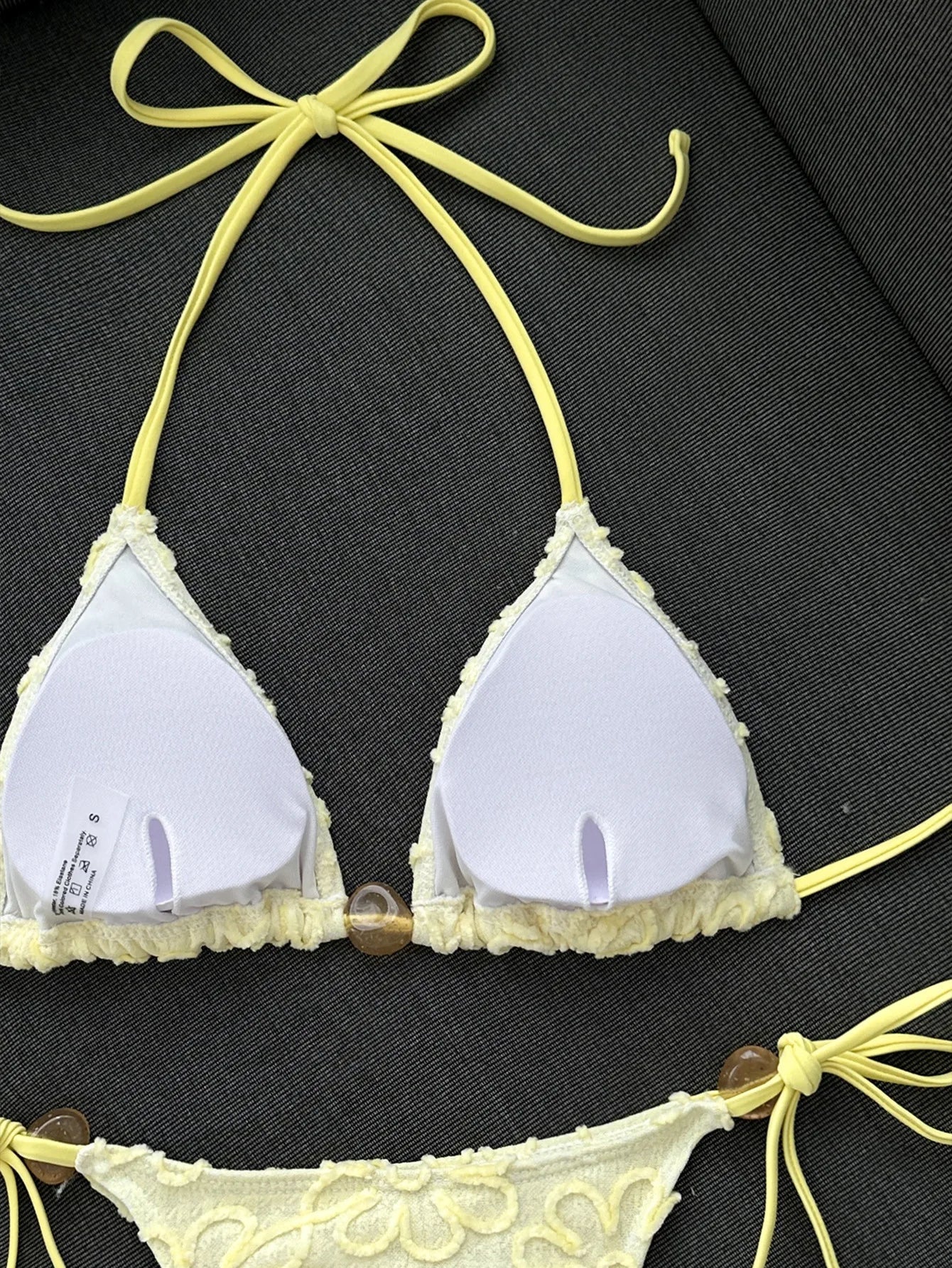 Yellow 3D Flower Micro Bikini Hole Out Stone Strap Push Up Bra Thong Swimsuit Holiday Bathing Suit Swimwear